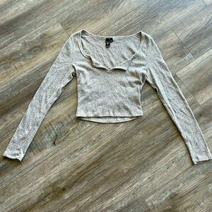 Grey V-neck Ribbed Long Sleeve Sweater